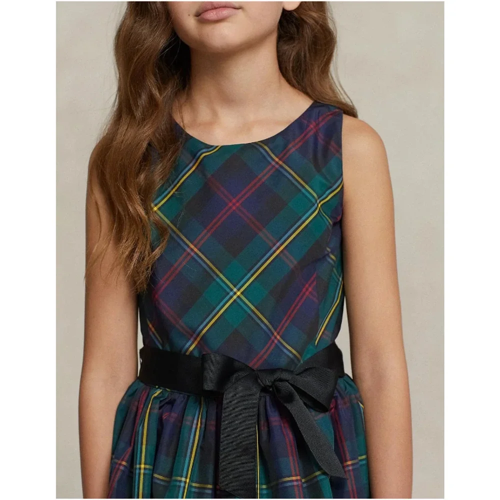 Ralph Lauren Girls Dress Sz 12 Green Tartan Plaid Fit Flare Bow Preppy Holiday